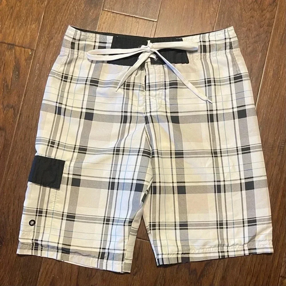 Carbon Plaid Cargo Swim Board Shorts Pockets Y2K